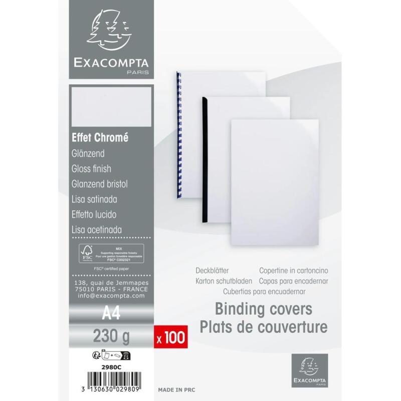 Paquet de 100 couvertures Chromolux pour reliure A4 - Blanc