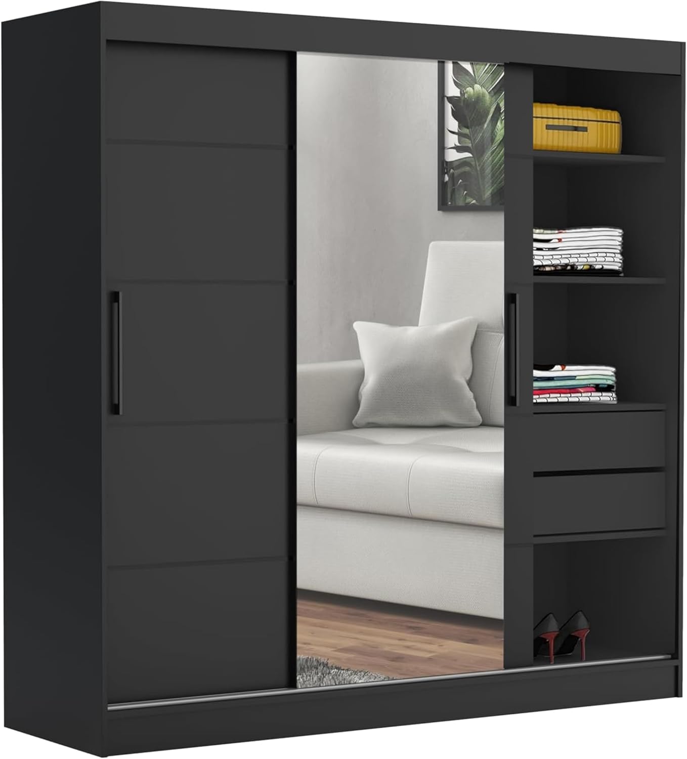 Brent - Kleiderschrank mit Spiegel und Schubladen 200cm Breit Chelsea Tomy, Schwebetürenschrank mit Spiegel, Schlafzimmerschrank, Kleiderschrank Schwarz/Schwarz