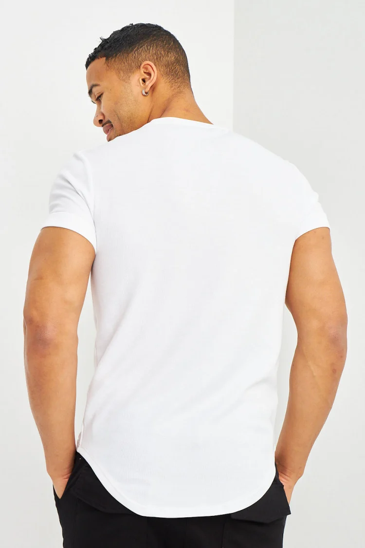 T-shirt côtelé blanc manches courtes à revers