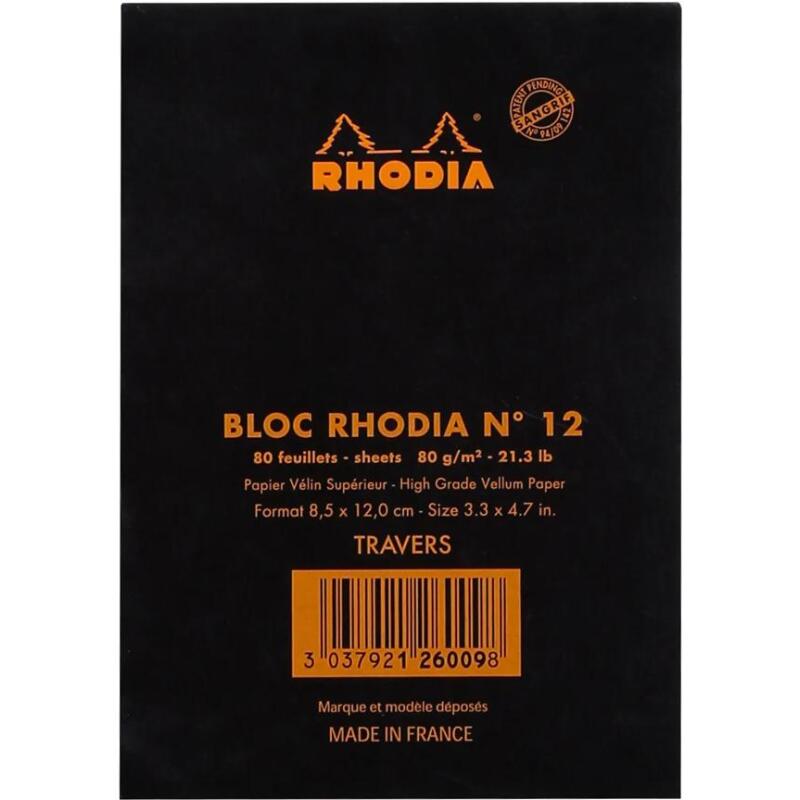 Bloc agrafé N°12 8,5x12 cm 80 feuilles lignées 80 g. - Noir
