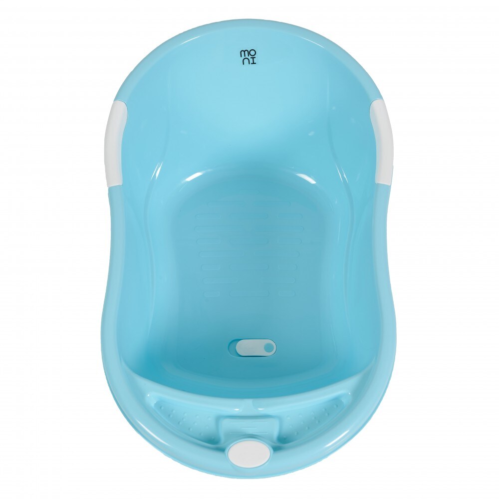 Babybadewanne Lilly platzsparend mit Wasserablauf, Ablagefächer für Zubehör blau