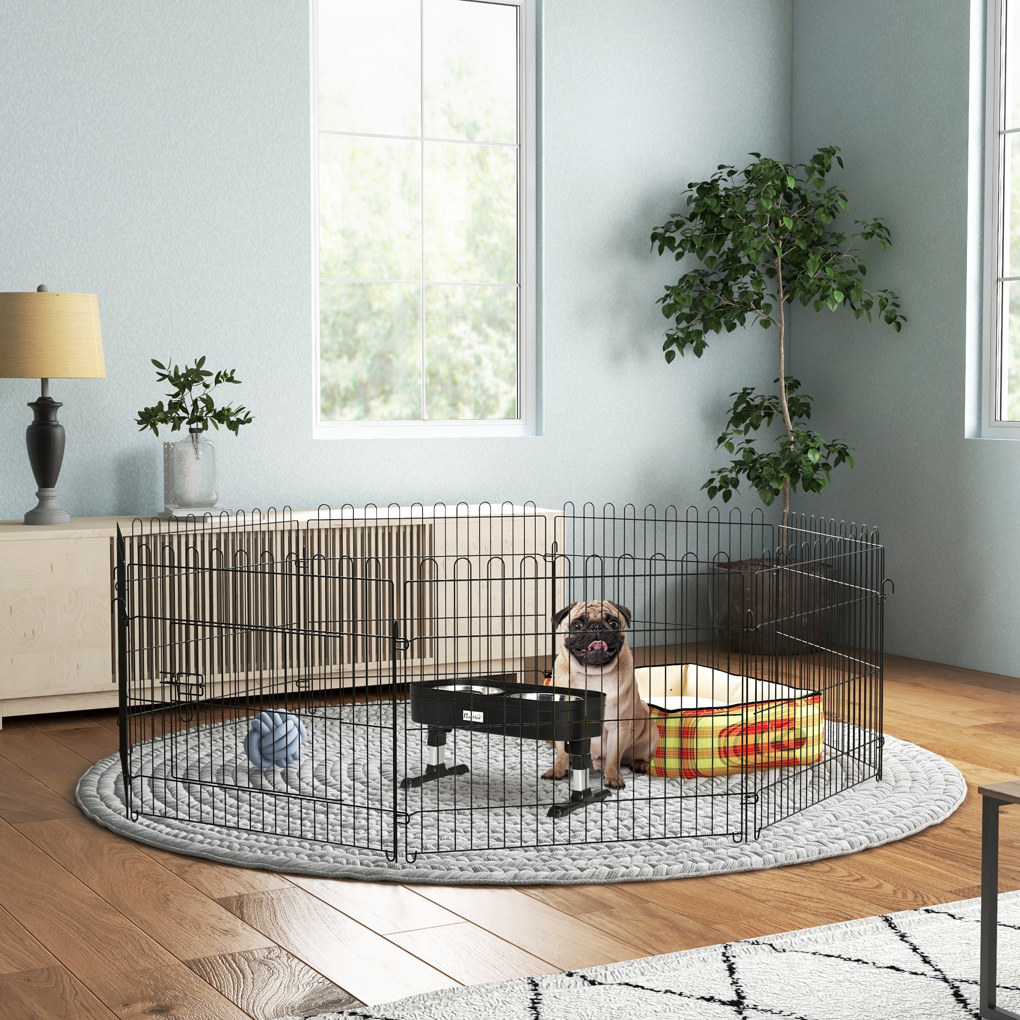 Conjunto de brinquedos para animais de estimação PawHut, cercado dobrável para cães com 8 painéis e comedouro elevado com 4 alturas ajustáveis, 71x61 cm, 43x25x30 cm, preto