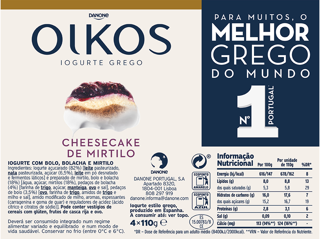 IOGURTE OIKOS DANONE GREGO CHEESECAKE DE MIRTILO 4X110G