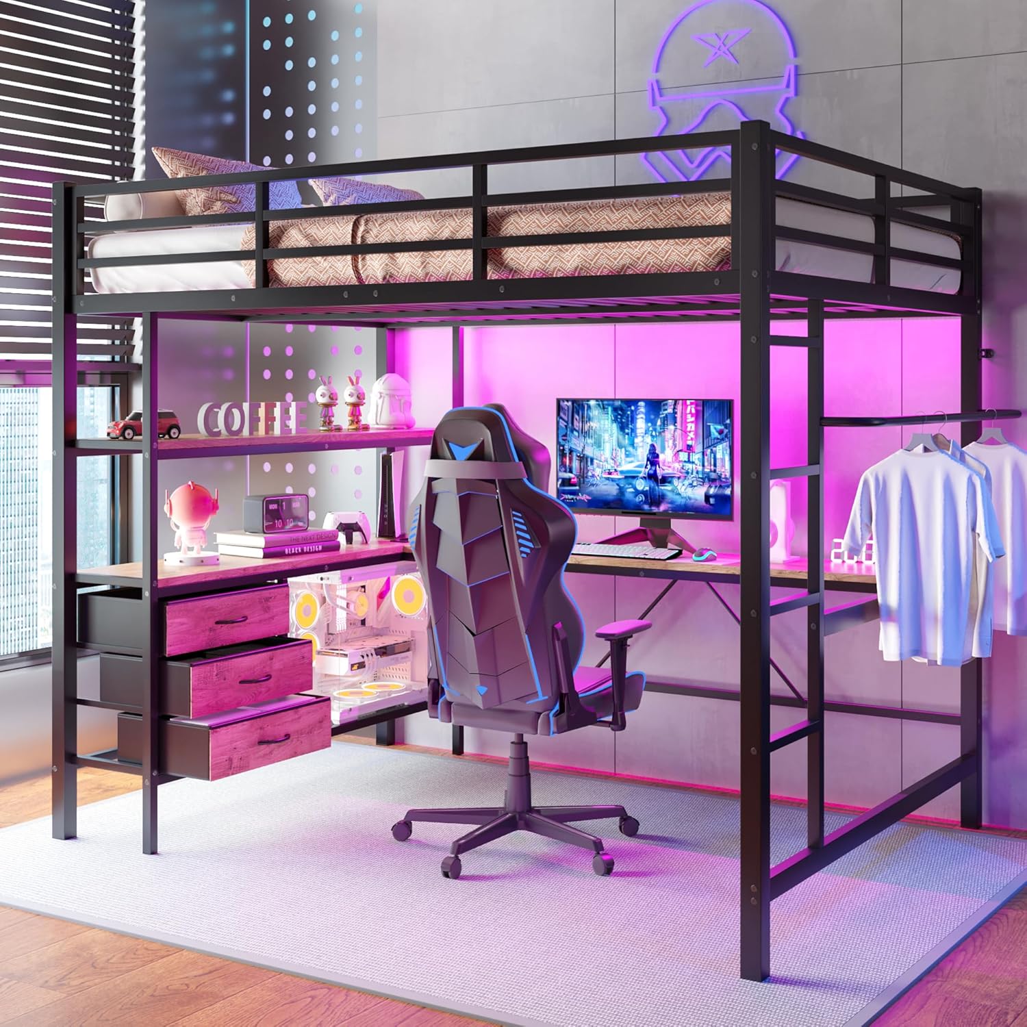 Hochbett 140x200 cm, Kinderbett mit Schreibtisch und LED, Jugendbett mit 3 Schubladen, Metallbett mit Steckdose+USB, Einzelbett für Kinder Jugendliche Schlafzimmer (Ohne Matratze) Schwarz