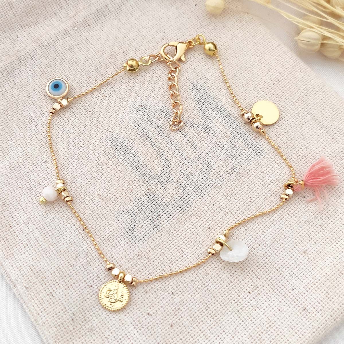 Bracelet de cheville avec perles œil & pièces de monnaie ancienne - Laiton plaqué or