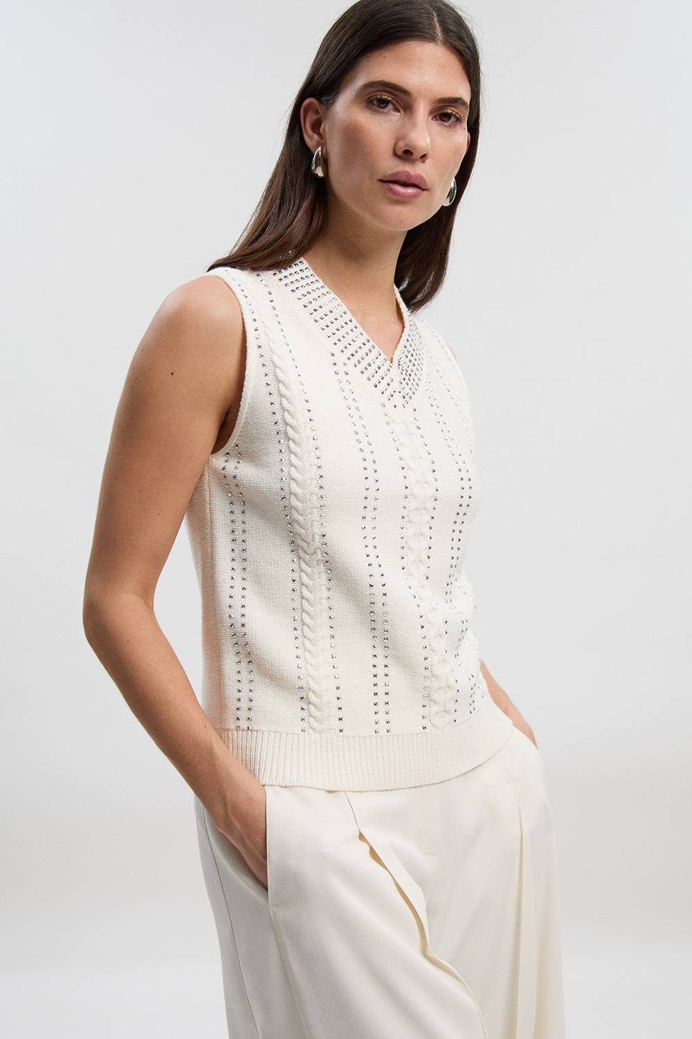 KarenMillen Débardeur Tricoté Col V Orné de Strass Thermocollants