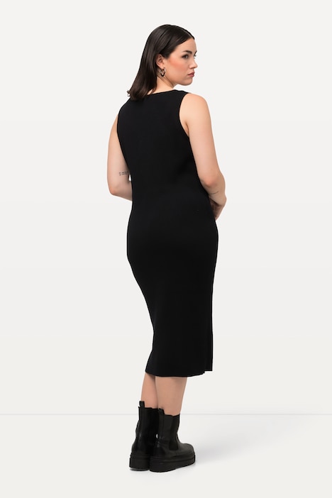Strickkleid, Rippstrick, Slim, Midilänge, V-Ausschnitt, ärmellos