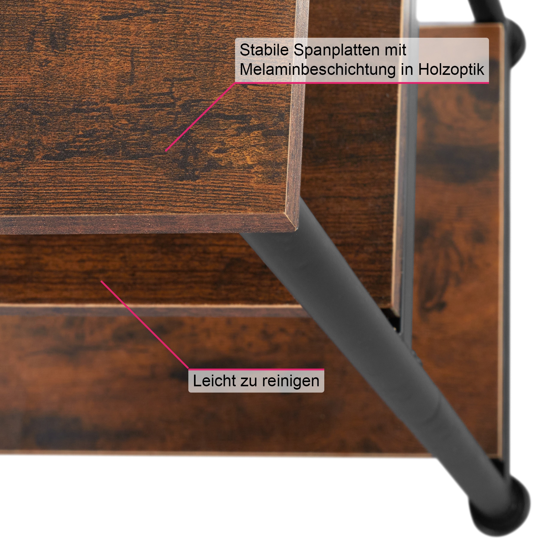 tectake® Beistelltisch, Industrial Style, mit 3 Ablagen, 34 x 30 x 59 cm