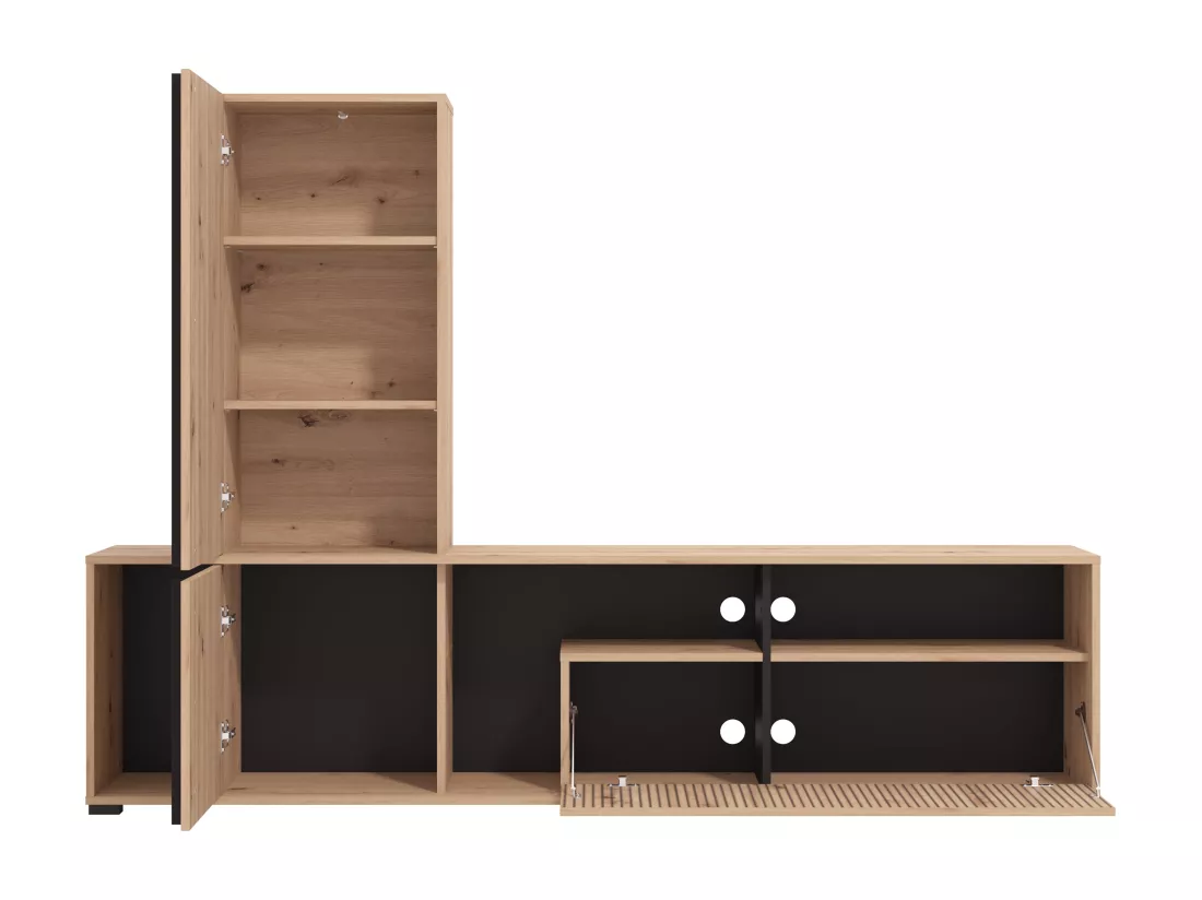 Mur TV avec 3 portes et 3 niches - Naturel clair et noir - BELUTZY