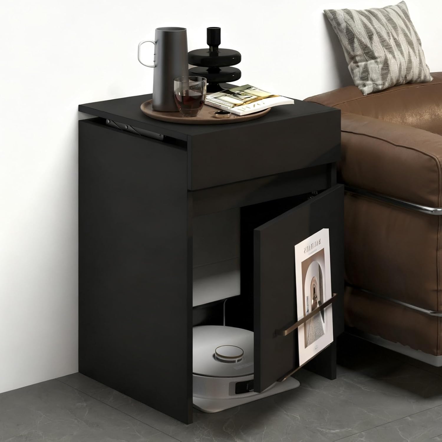 Versteckter Schrank Für Saugroboter, Aufbewahrungsschrank Staubsaugroboter Station Mit Tür, Einfacher Wasserwechsel Für Wohnzimmer/Schlafzimmer/Küche(Black)