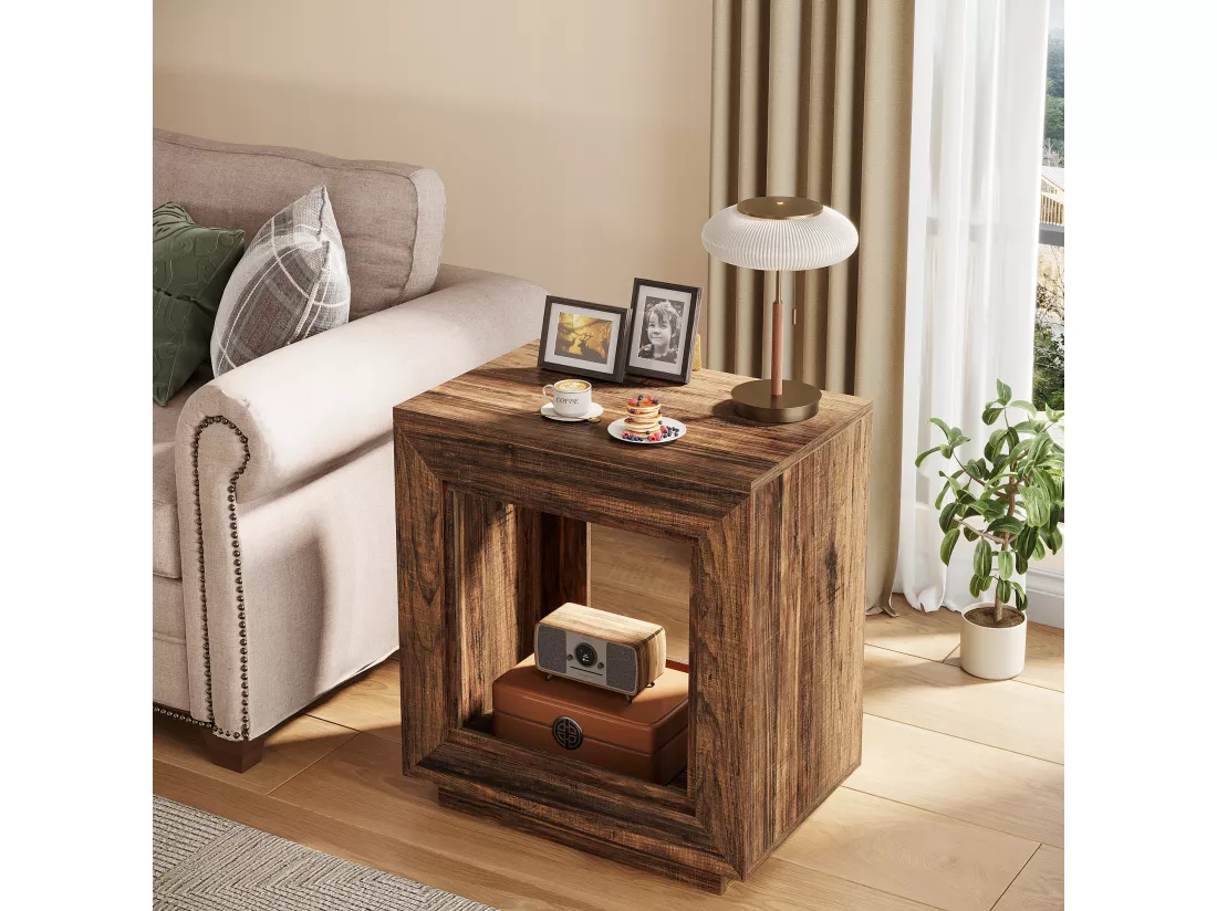 Tribesigns Petite Table d'Appoint Bout de Canapé en Bois, Table de Chevet Carrée pour Chambre à Coucher avec Étagère de Rangement pour Salon, Entrée Rustique Marron