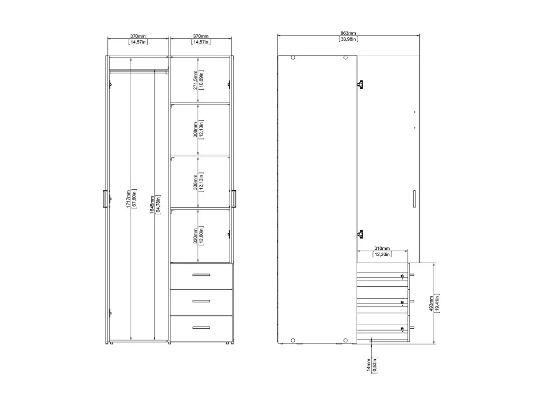 Garde-robe 2 portes Dscurt, Meubles de chambre, Penderie de plain-pied, Placard à vêtements, 77x49 h175 cm, Blanc