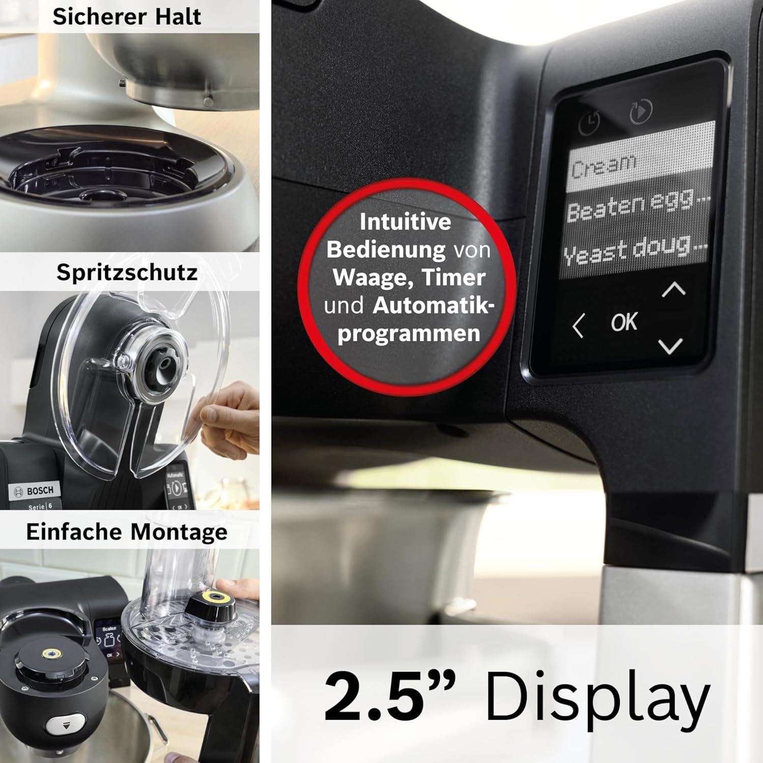 Bosch Küchenmaschine Serie 6, 2 Schüsseln 5,5 l (Edelstahl, Kunststoff), integr Waage, 7 Automatikprogramme, 7 Stufen, Planetenrührwerk, Knethaken/Rühr-/Silikonbesen spülmaschinenfest, MUMS6ZS18