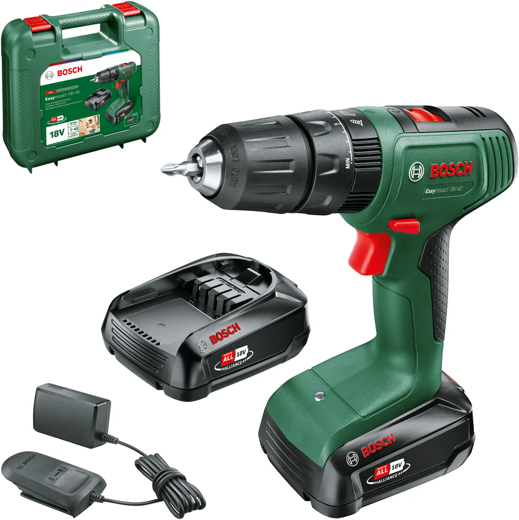 Bosch Home & Garden  EasyImpact 18V-40, 2 x 1,5Ah    Leistungsstarker Akku-Bohrschrauber zum Schrauben, Bohren & Schlagbohren