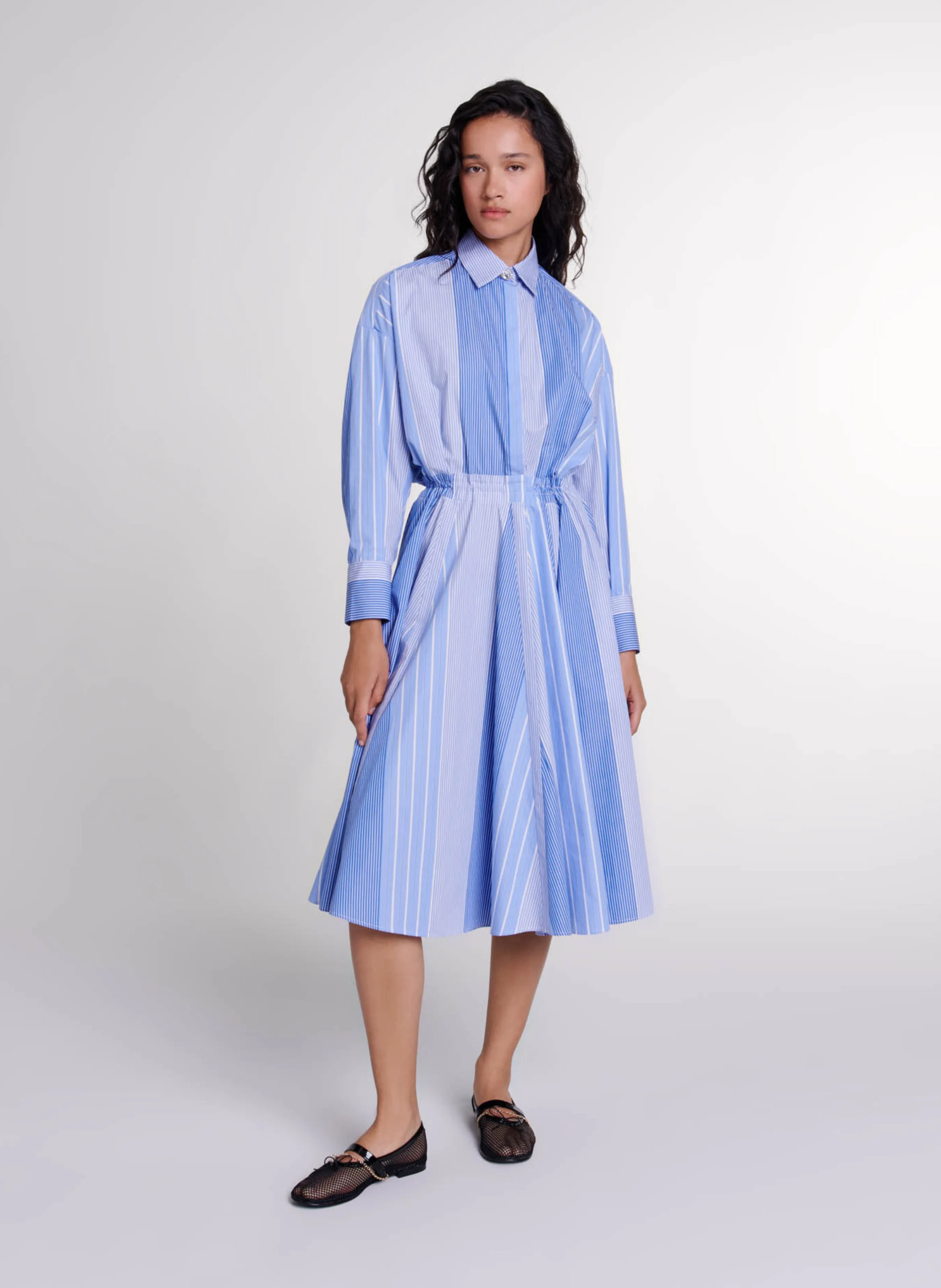 Robe midi col classique rayée en coton | Multicolore