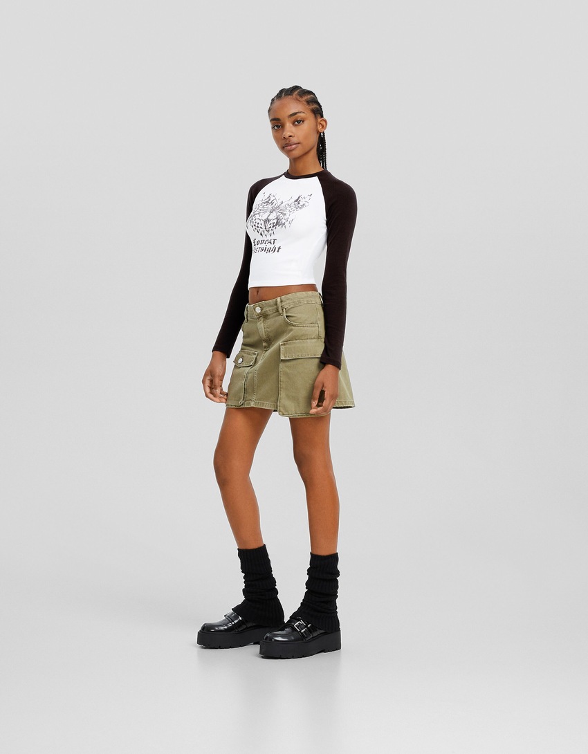 Camiseta longa raglan estampada