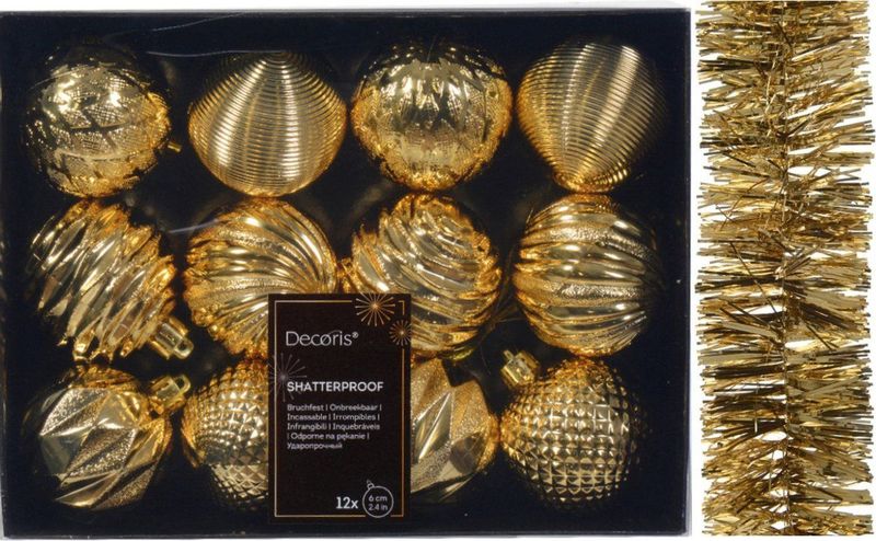 Decoris - Gedecoreerde Kerstballen - Goud - Kunststof - 12 Stuks