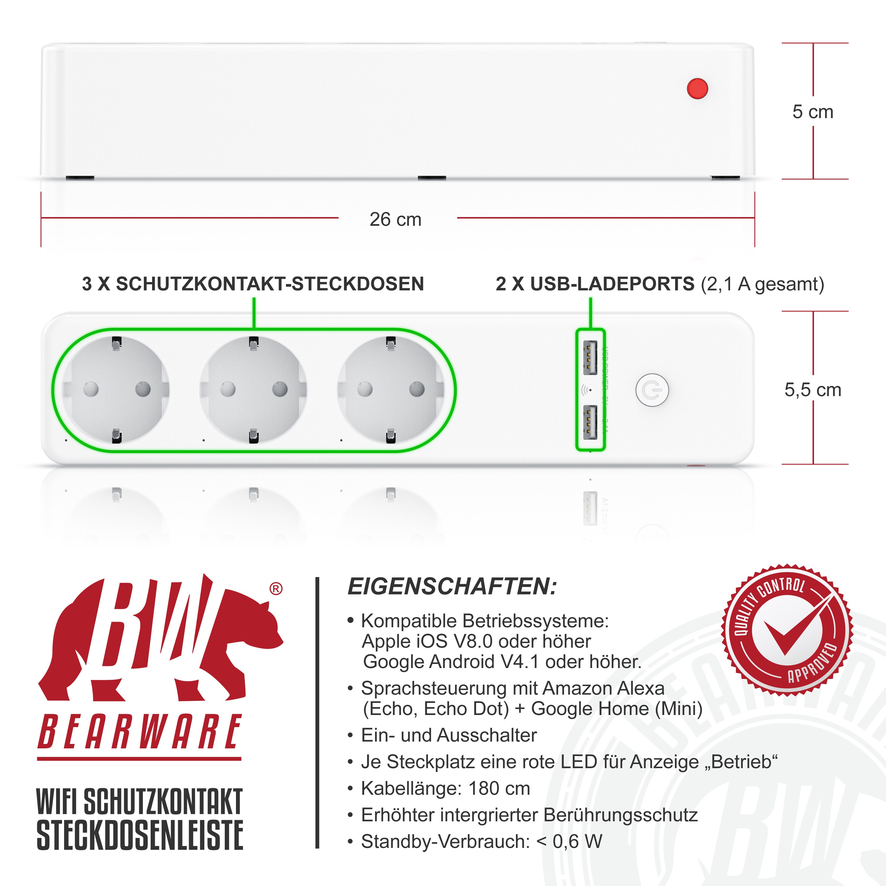 BEARWARE Steckdosenleiste Mehrfachsteckdose Steckerleiste 3680W, 3-fach
