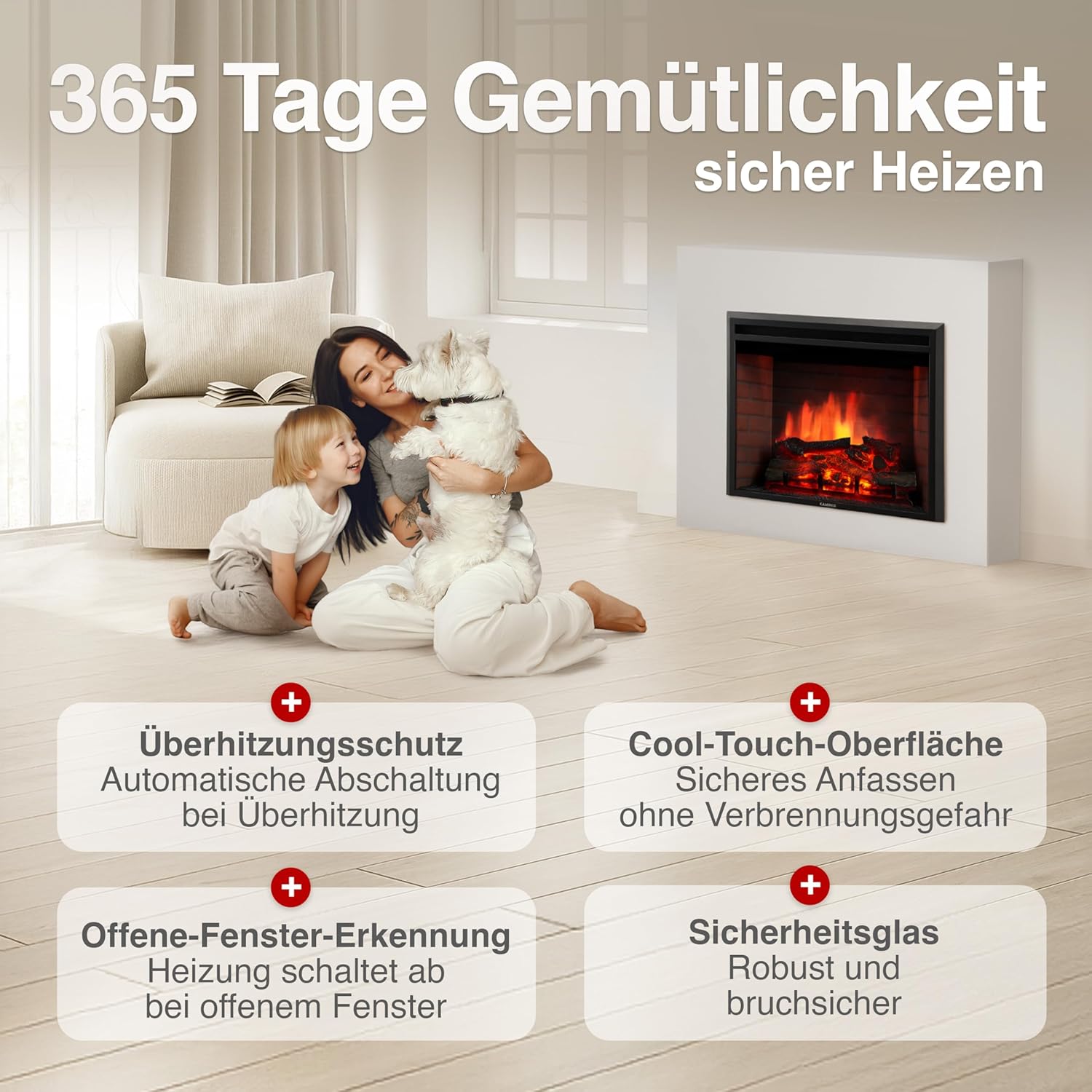 Elektrokamin Luca - Elektrischer Einbaukamin mit Heizung, 3D-Flammeneffekt, 12 Flammenfarben, Fernbedienung (23 Zoll)
