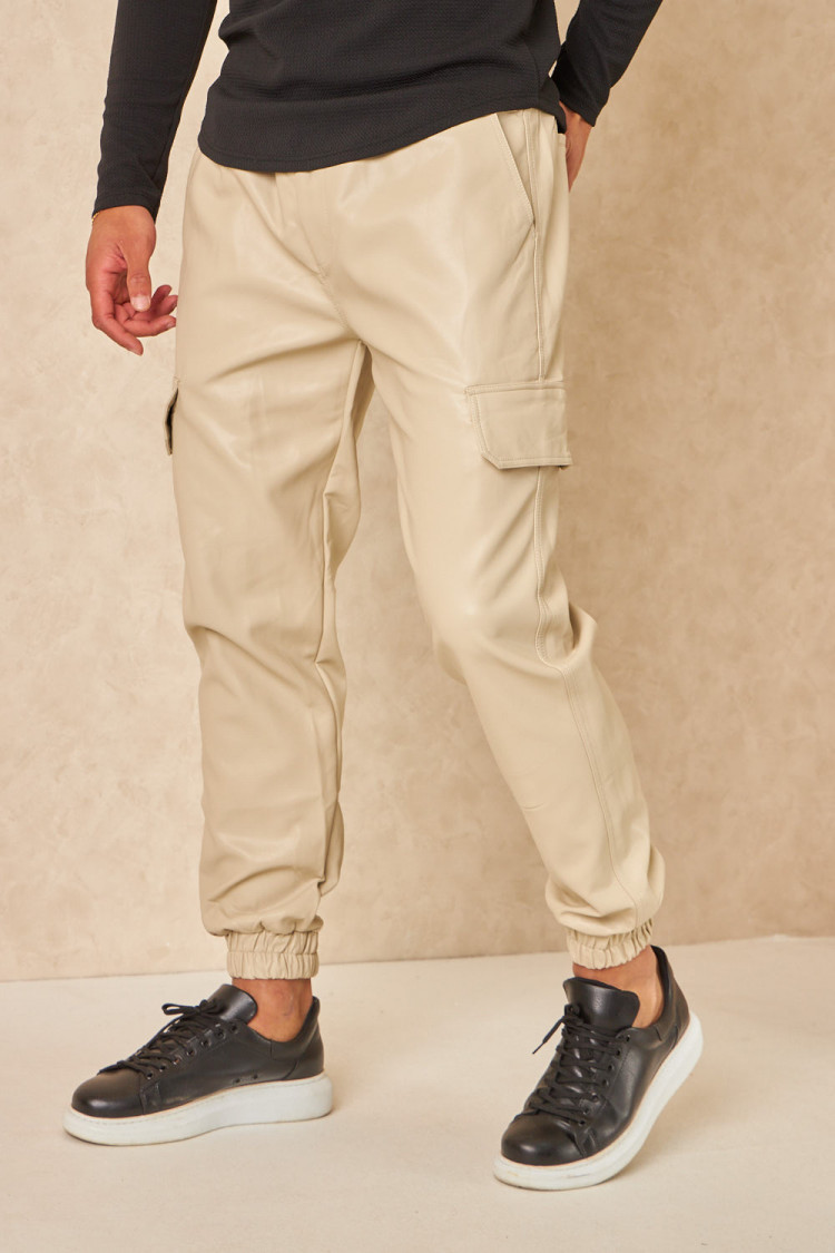 Pantalon de jogging en simili cuir beige