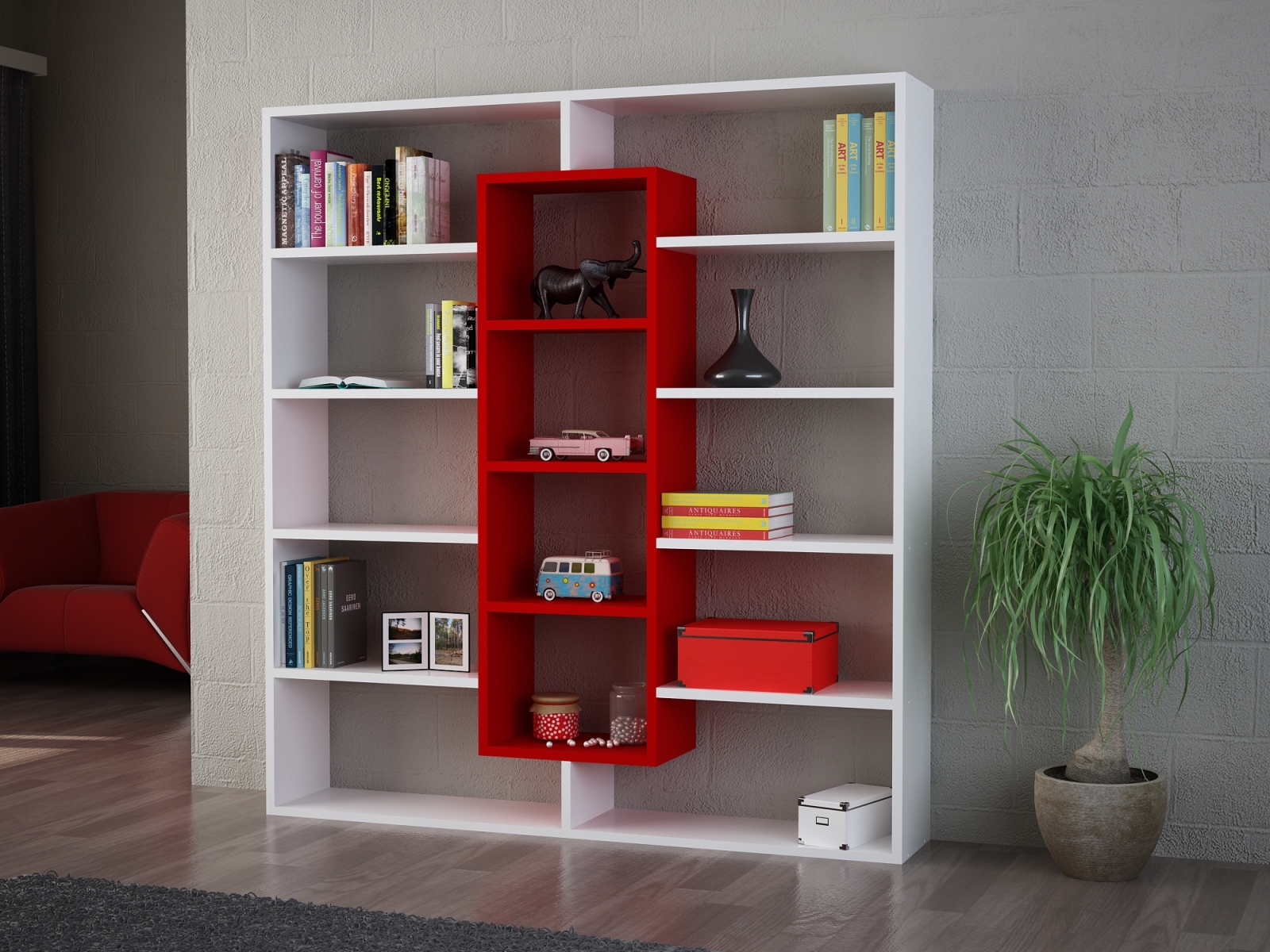Bücherregal - weiß - rot - 135,7 cm hoch