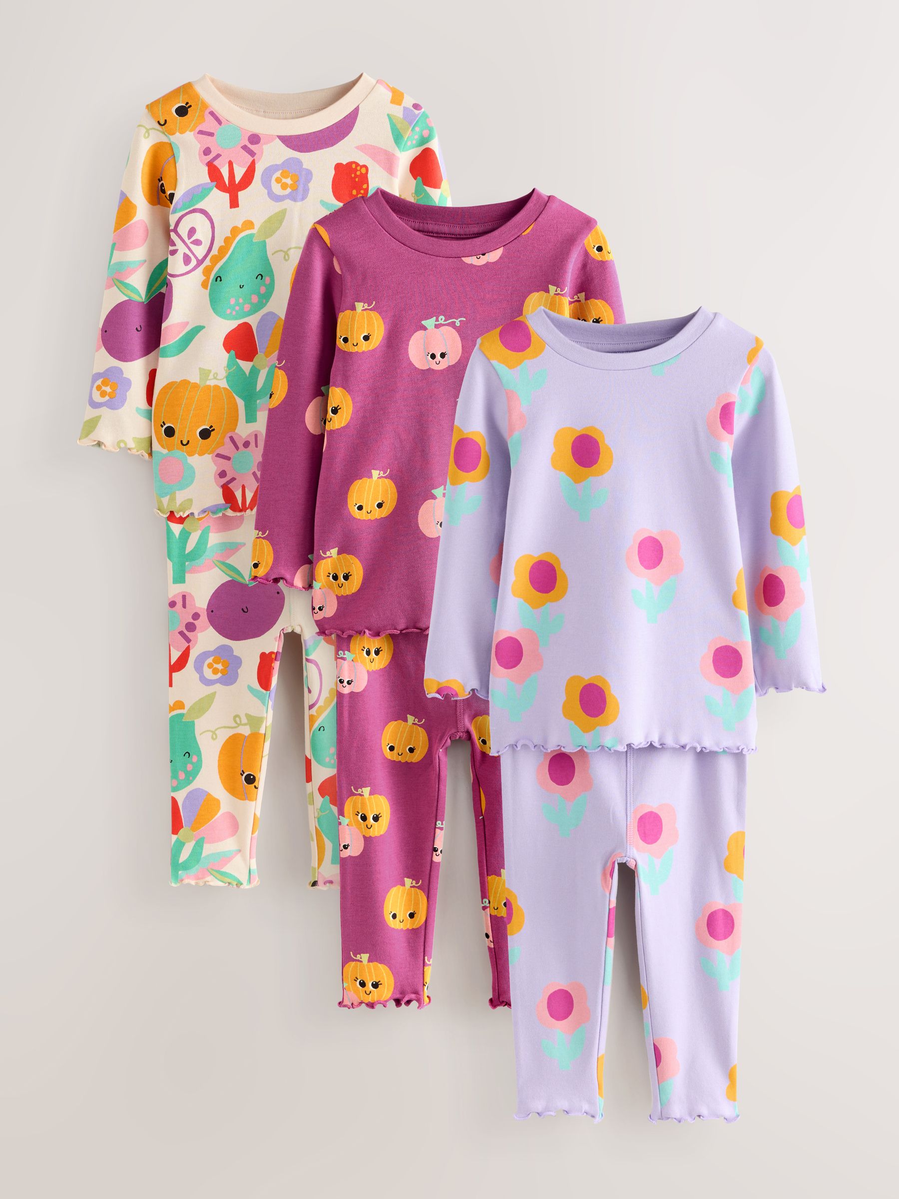 Paars met pompoenprint - Verpakking van 3 knusse pyjama's (9 mnd-10 jr)