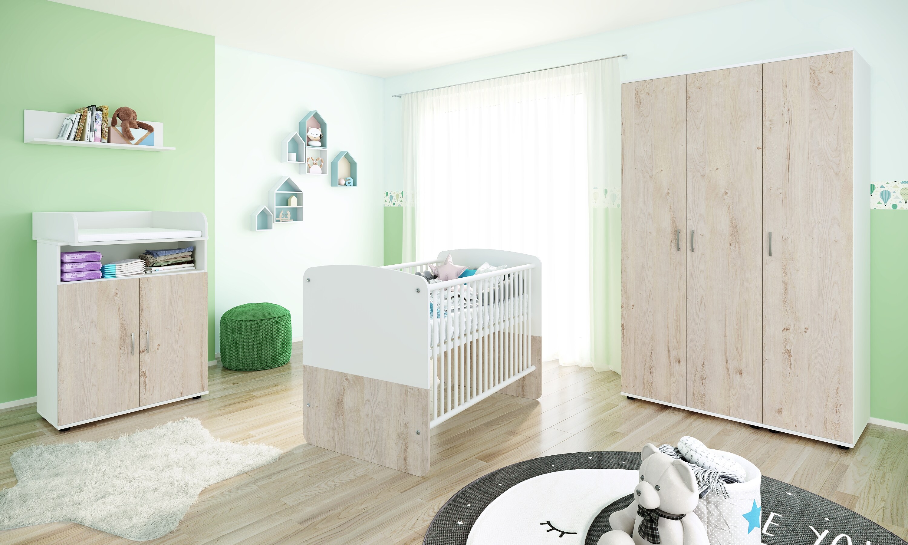 nonjoo. Babyzimmer Hanna Set 7: best. aus Babybett, Kommode, Wickelaufsatz, Wandboard und Kleiderschrank 3-trg.