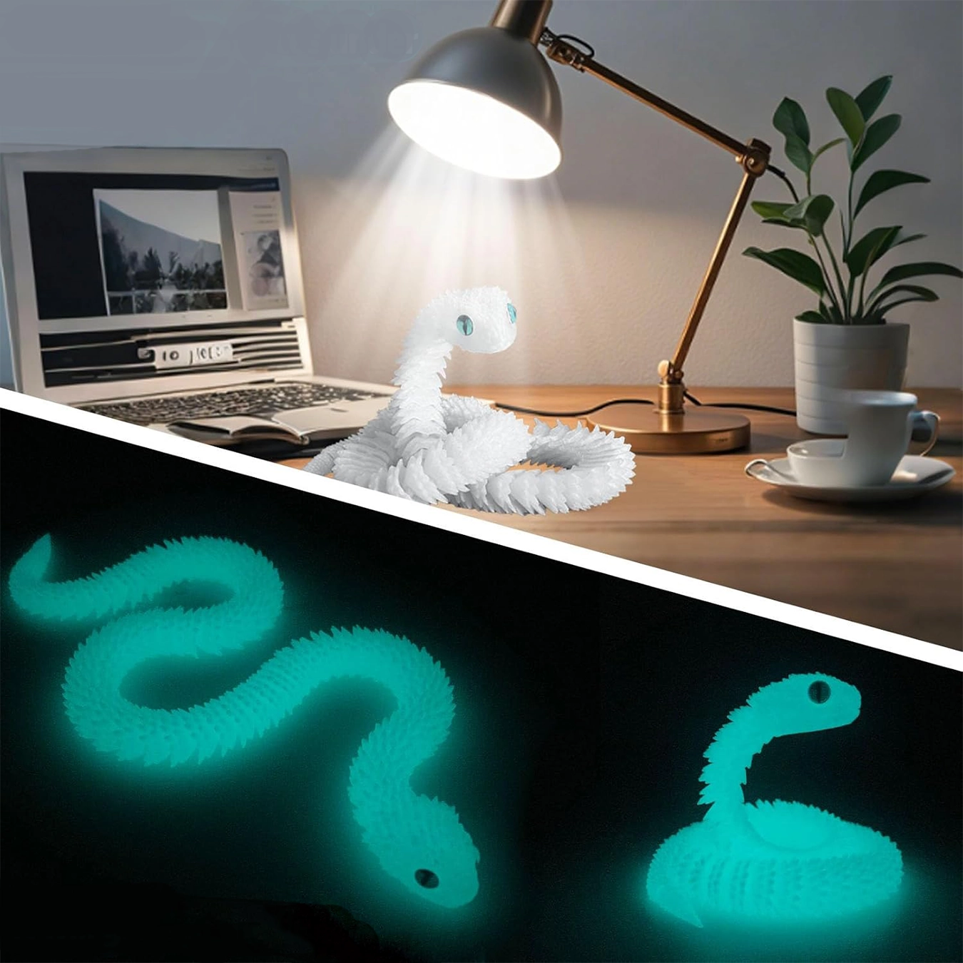 (30cm) Fluoreszierende Anti Stress 3D Druck Schlange Leuchtendes Spielzeug Flexibles Gelenk Tier Modell Fidget Spiel - Grün