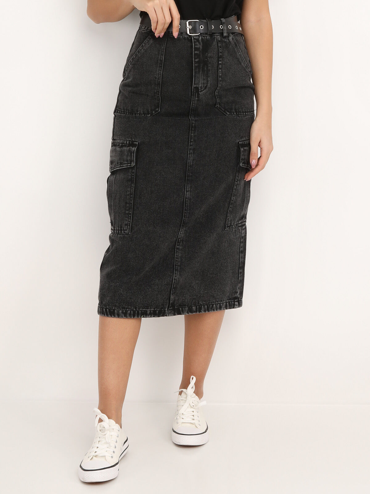 Jupe cargo en jeans avec ceinture- Gris foncé