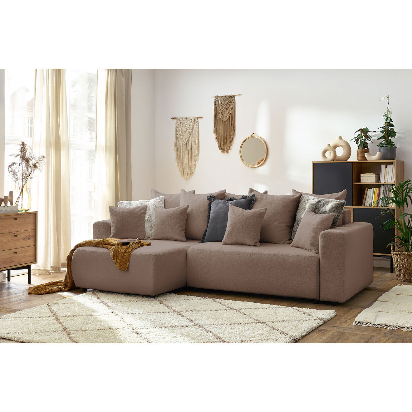 Bobochic Canapé d'angle convertible reversible bouclette Envy marron - 282x153x95 cm