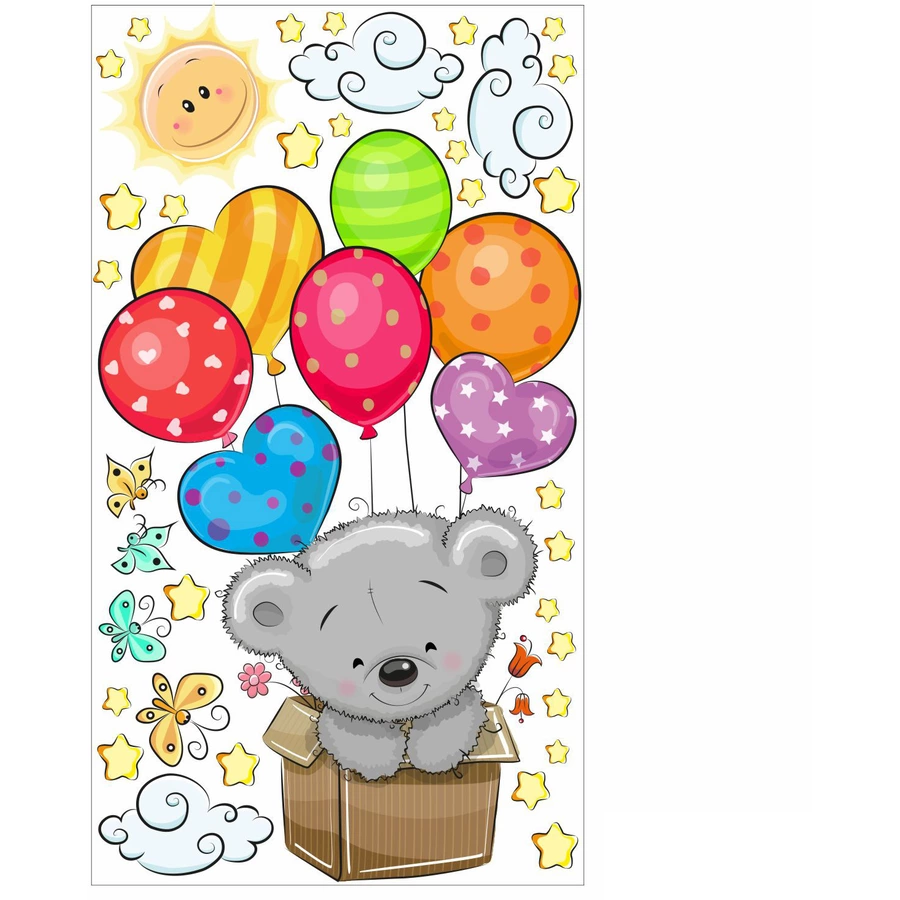 Nikima Wandtattoo 076 Wandtattoo Teddy in Kiste Luftballon Kinderzimmer Aufkleber Sticker bunt
