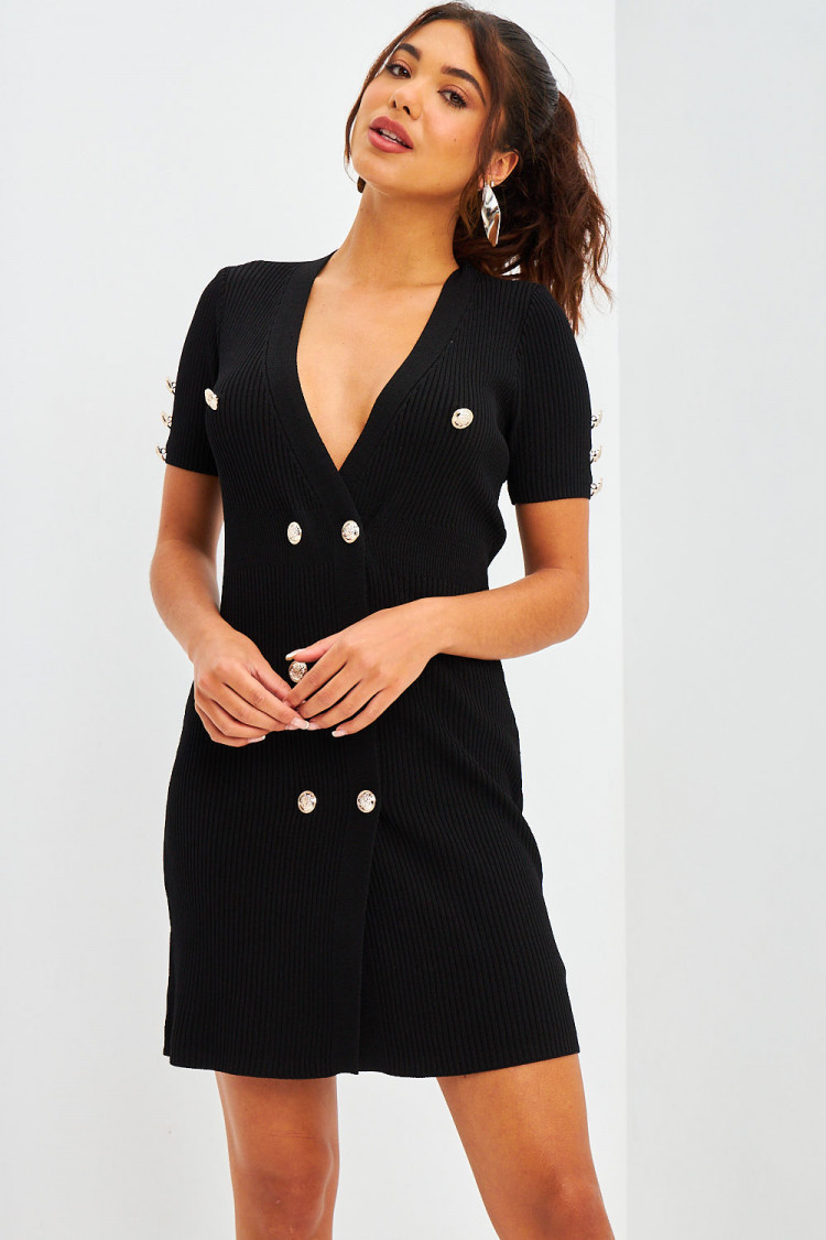 Robe mi-longue côtelée noire à boutons dorés