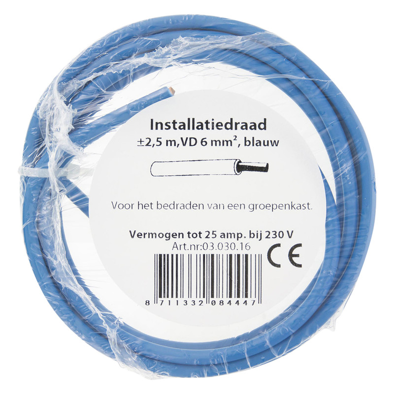 Installatiedraad VD H07V-U 2,5m 6mm² blauw