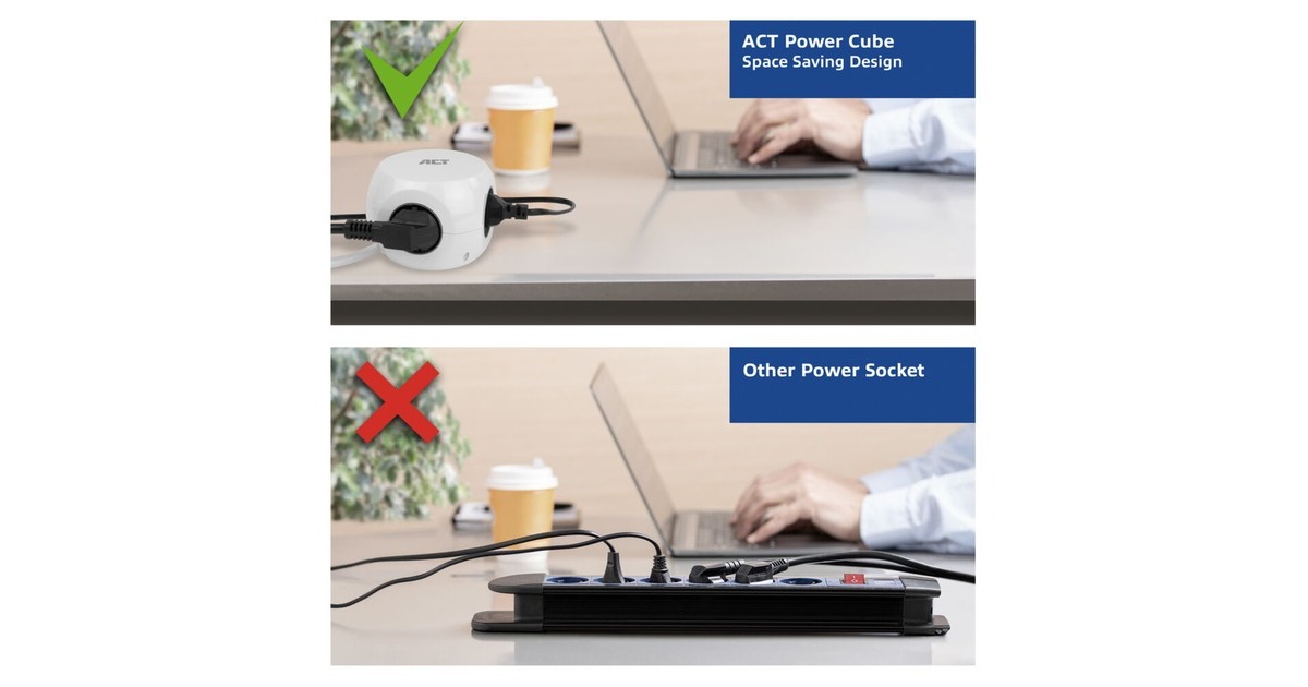 ACT ConnectivityStekkerdoos kubus met 3 stopcontacten, 30W Power Delivery USB-C/A poorten, kabellengte 1,5m stekkerdoos  (Wit, Type F)