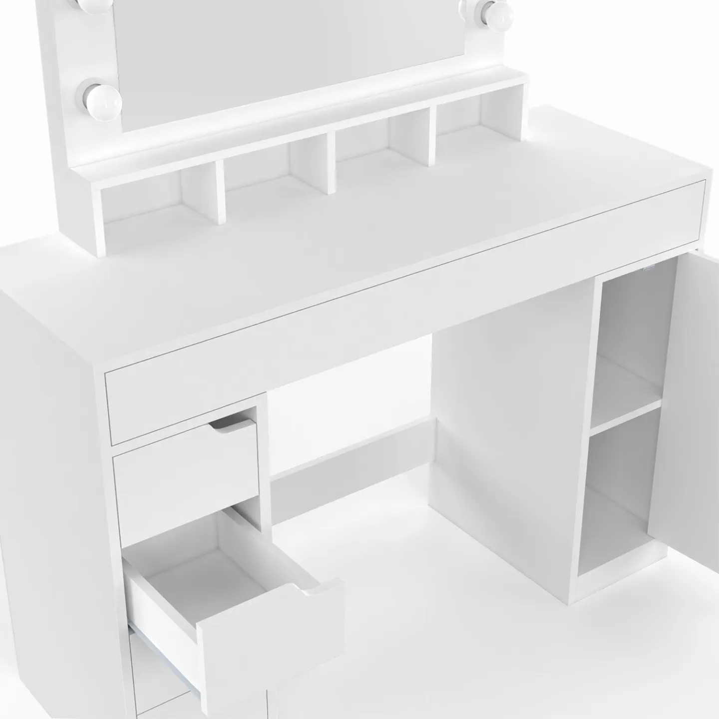 Coiffeuse ZELIA blanche miroir LED avec 4 niches, 5 tiroirs, 1 caisson de rangement et tabouret rembourré