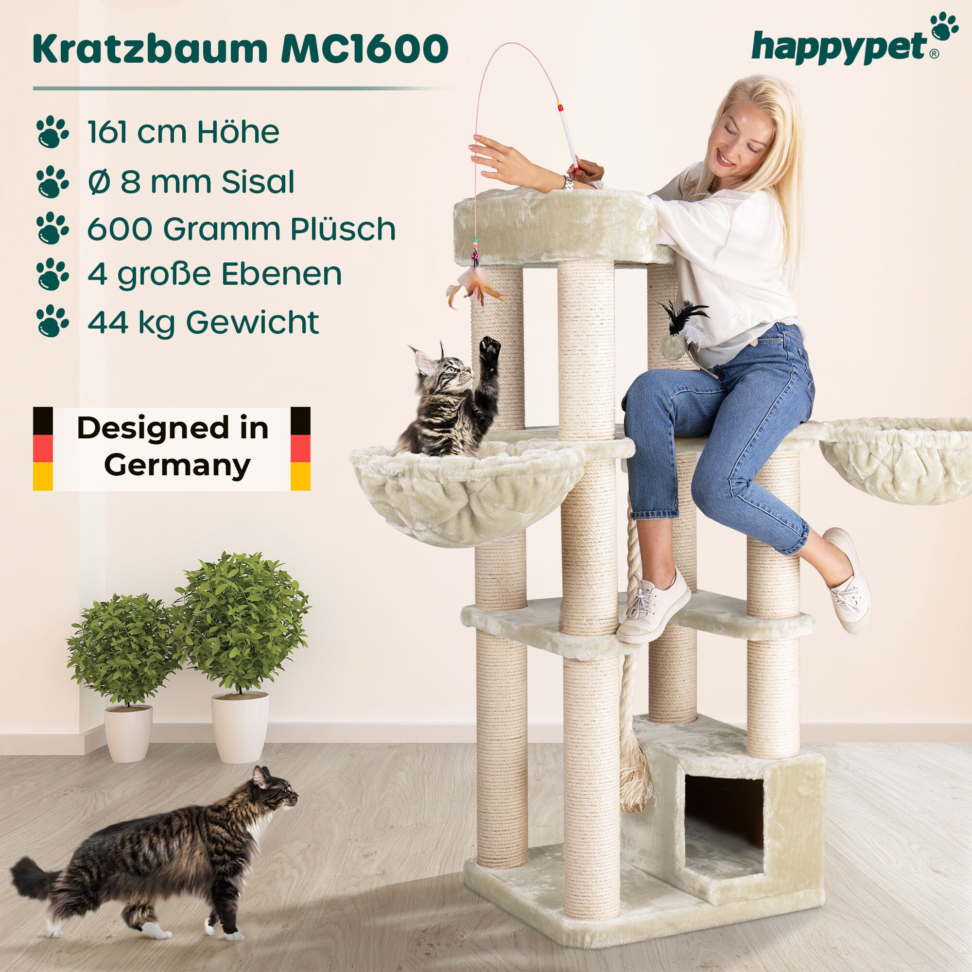 HAPPYPET Premium Kratzbaum 161 cm große Katzen stabil Katzenbaum | Creme