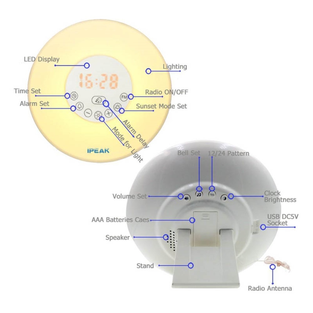 Sunrise Wake Up Licht mit FM Radio und Snooze Funktion Wecker Tischuhr - Weiss