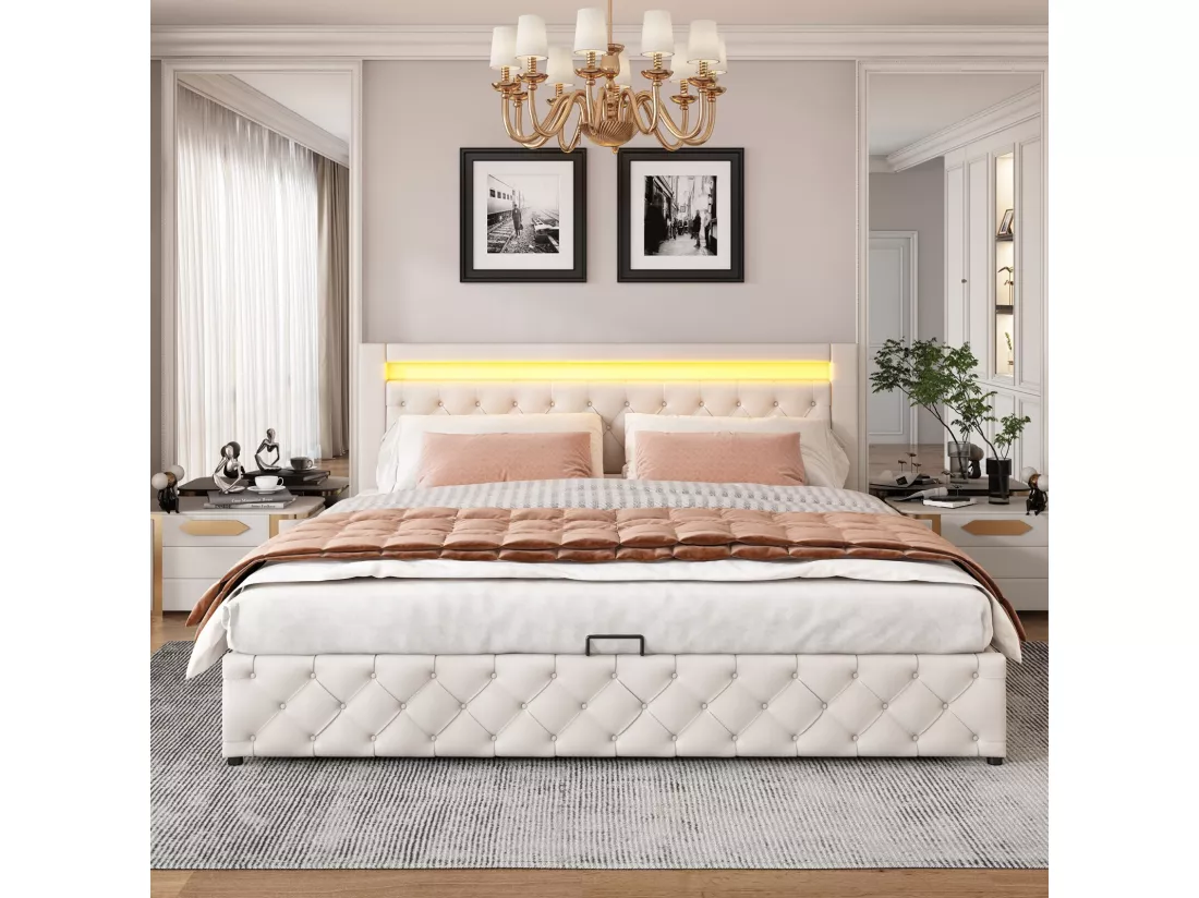 Lit coffer avec LED 180x200cm, Tissu PU, avec cadre à 12 lattes, charge max 220kg, Blanc