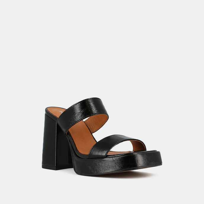 Mules à plateformes et brides  en cuir vieilli noir