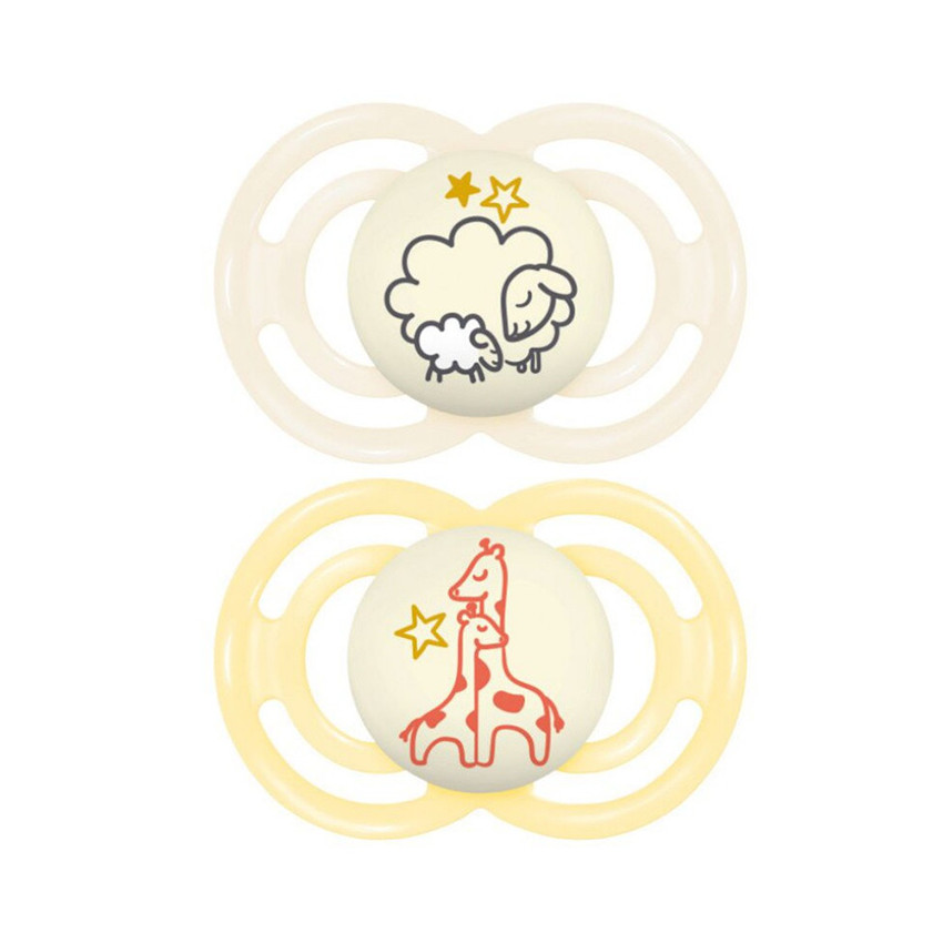 Lot de 2 sucettes silicone Perfect Nuit 6M+ animaux (modèle aléatoire)