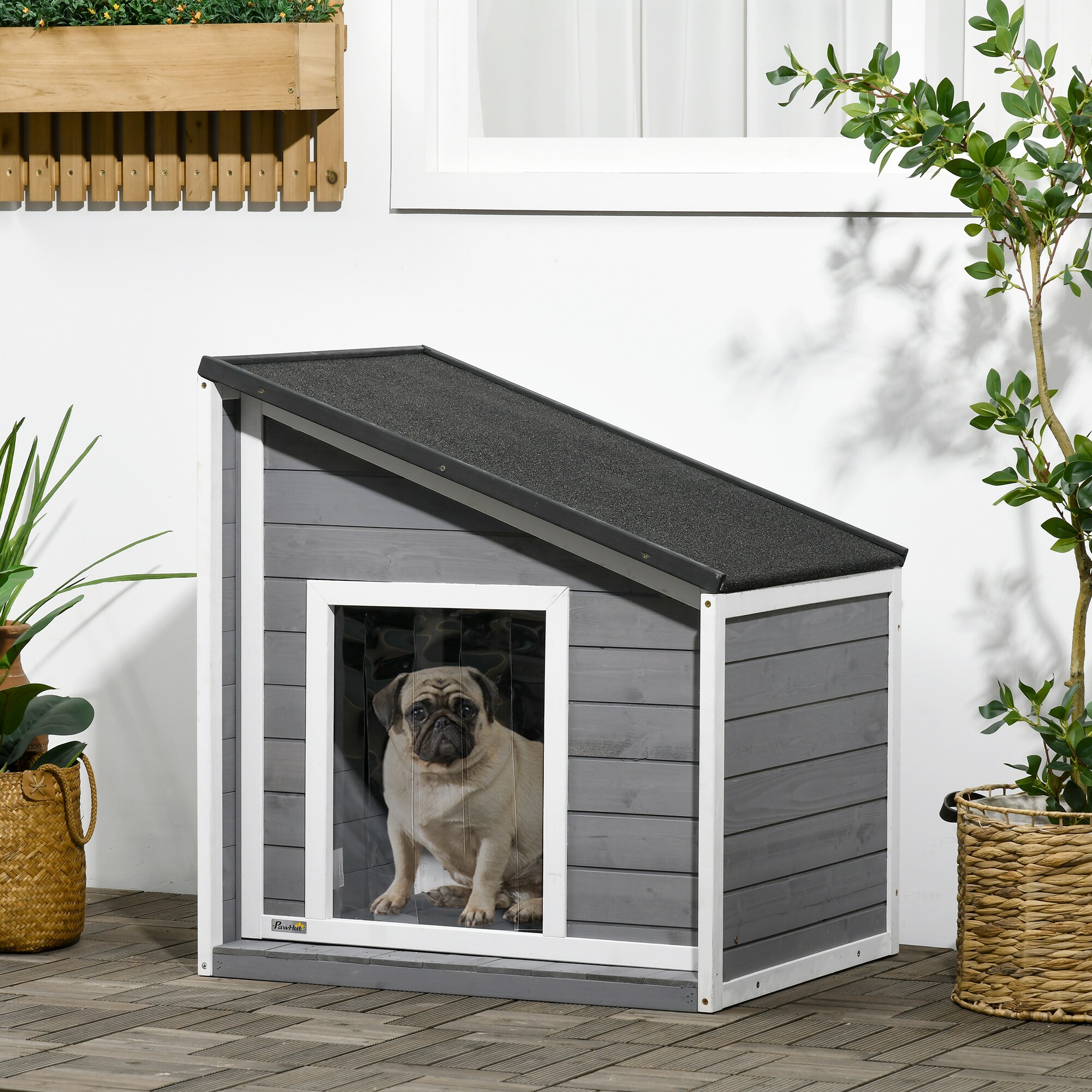 PawHut Hundehütte mit zu öffnendem Schrägasphaltdach grau, weiß 71L x 58B x 53-77H cm