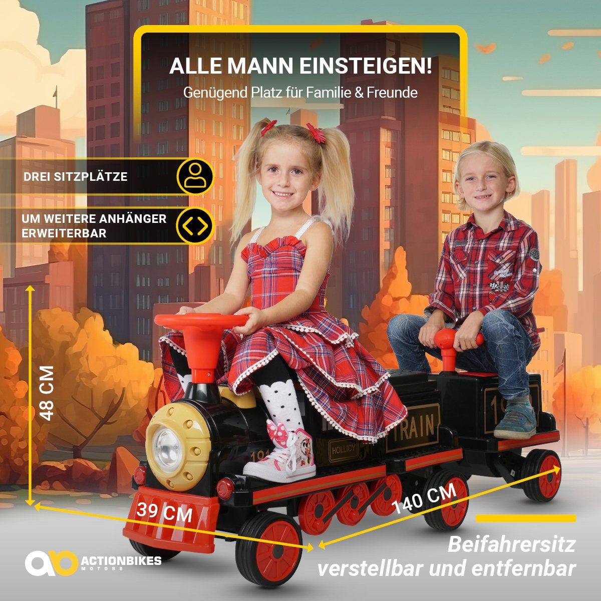 Carrinho elétrico infantil Actionbikes Motors, trenzinho elétrico infantil com reboque, capacidade de carga 60 kg (2 unidades), 3 lugares - buzina e música - partida suave - 2 motores de 12 V