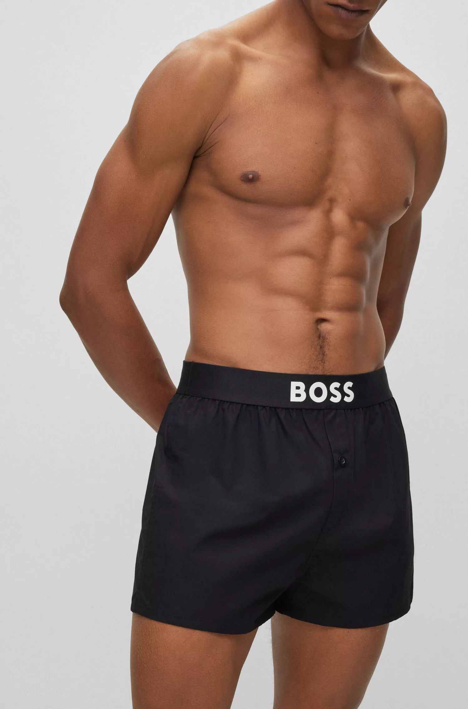 Calções boxer pretos BOSS em popeline de algodão com cós com logótipo.