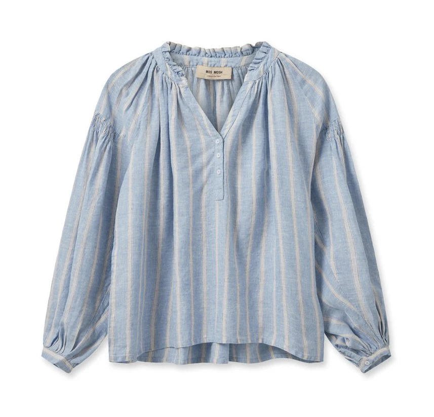 Mos Mosh  Safi Striped Linen skjorte - Cashmere Blue