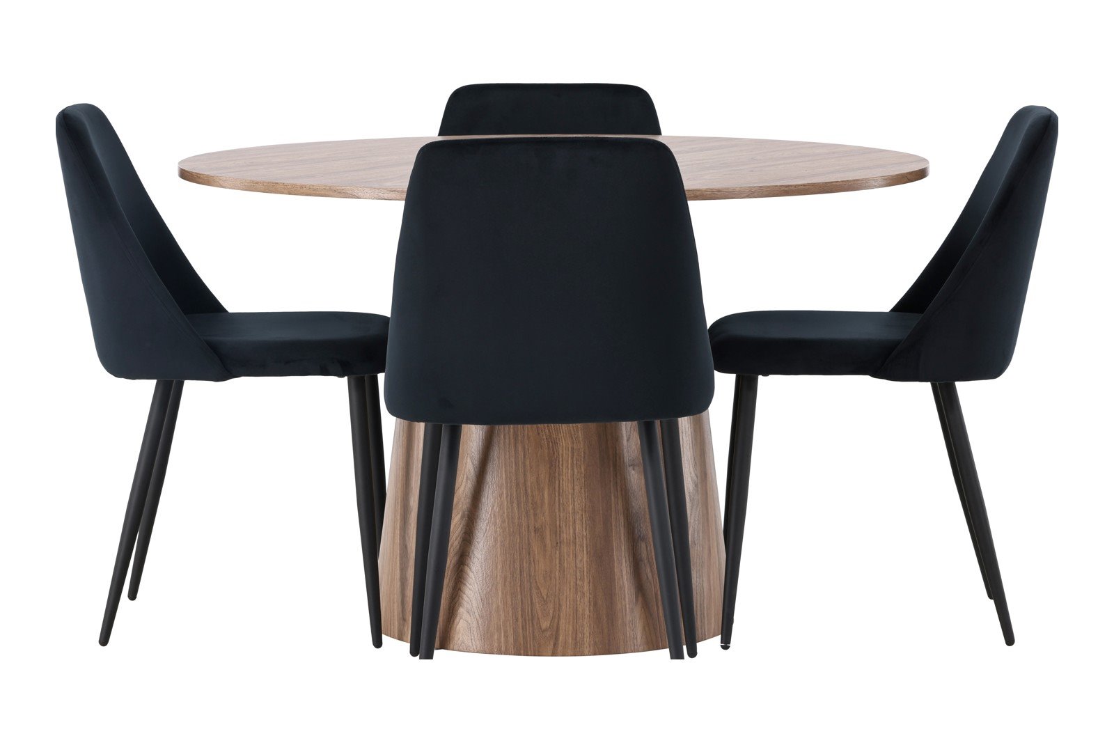Lanzo og Night Spisegruppe Lanzo rundt spisebord ø120cm i natur med 4 stk. Night spisestoler i Sort fløyel og sorte ben