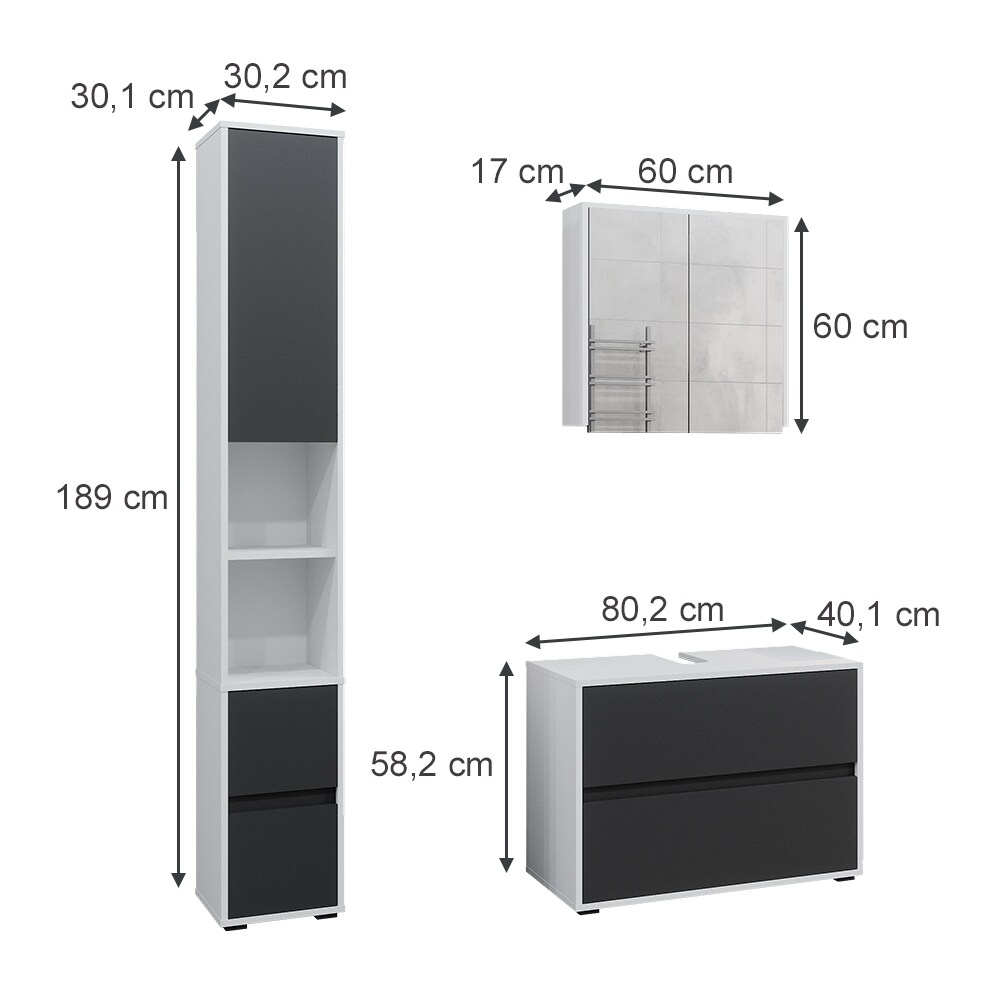 Badmöbel-Set Maltin Weiß Anthrazit modern Waschtischunterschrank Spiegelschrank Hochschrank