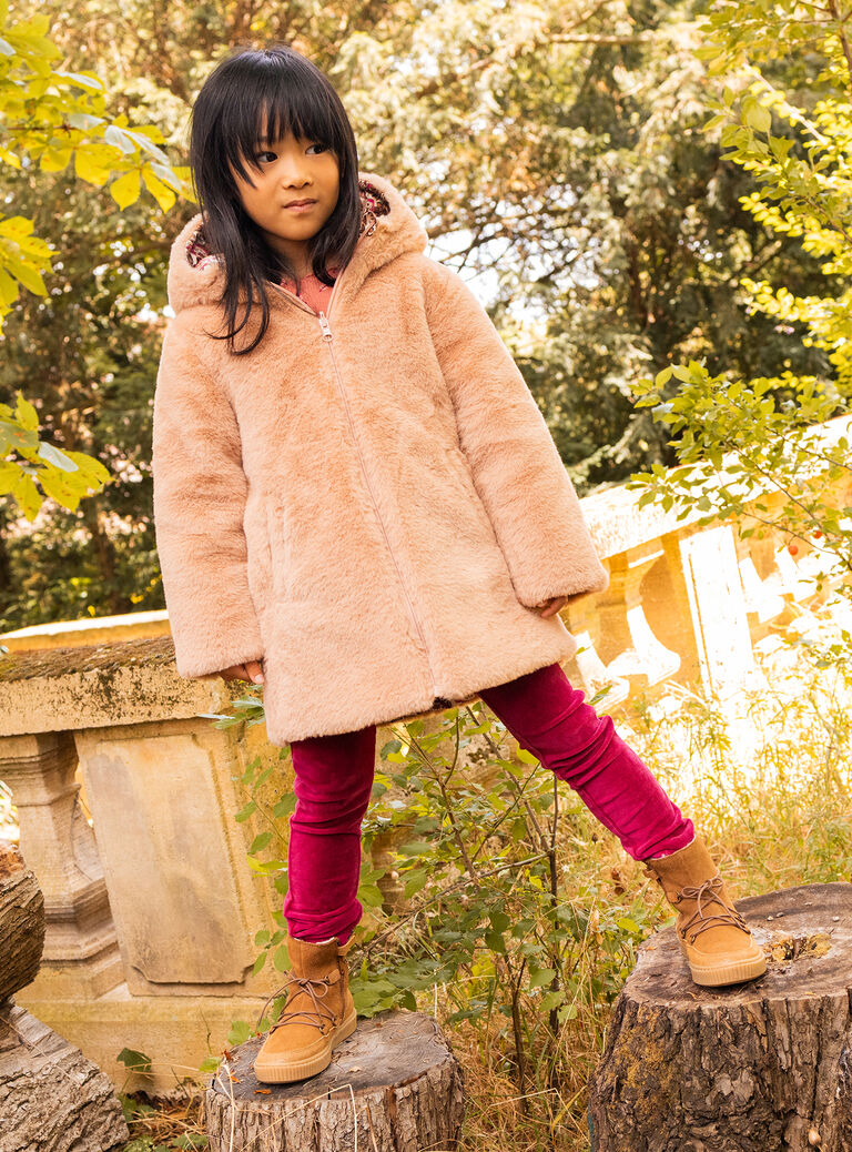 Parka à capuche réversible rose et noisette