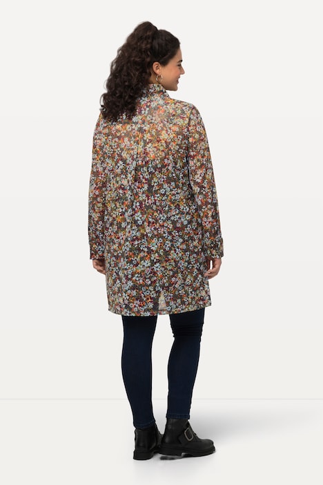 Mesh-Bluse, Millefleur, A-Linie, Hemdkragen, Langarm