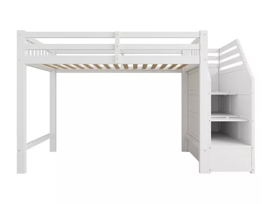 Lit mezzanine enfant 90x200 lit avec sommier à lattes garde-corps marches escamotables Blanc