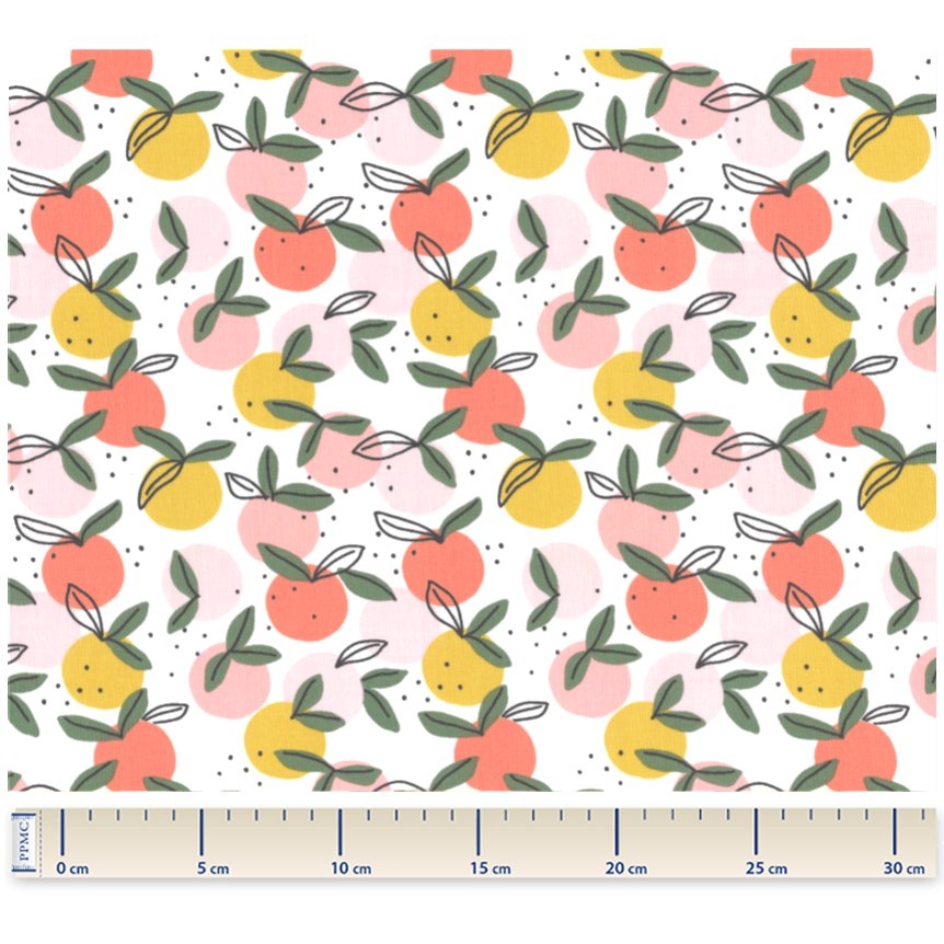 Tissu Coton Au Mètre Ex2519 Ronde De Fruits Blanc Peche